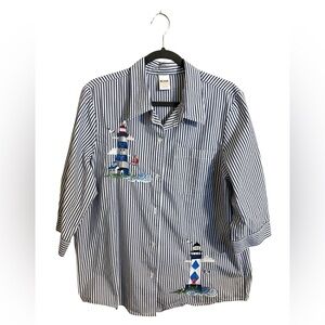 Blair Lighthouse Embroidered Blue Striped Button Up Shirt Large